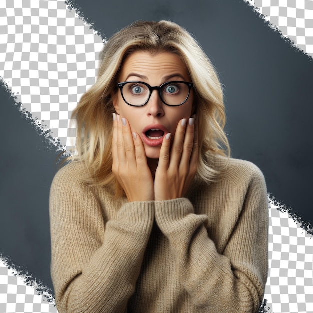 PSD a woman wearing glasses and a sweater is looking up with a black x on her face.