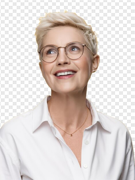 PSD a woman wearing glasses and a white shirt with a smile on her face