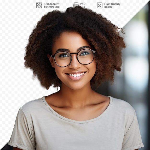 PSD a woman wearing glasses with a white shirt and a black shirt that says 