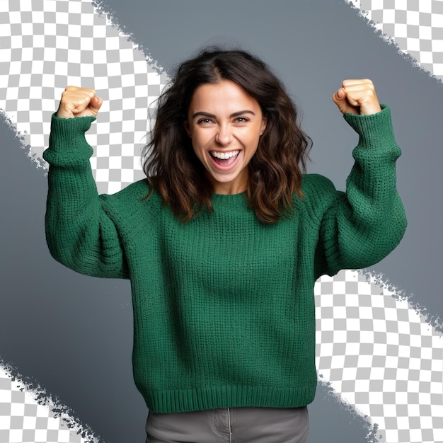 PSD a woman wearing a green sweater with the word 