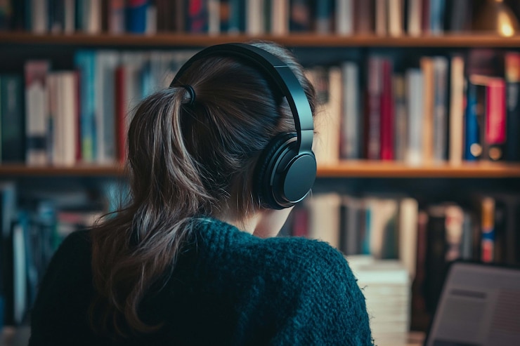 PSD woman wearing headphones studying in a library