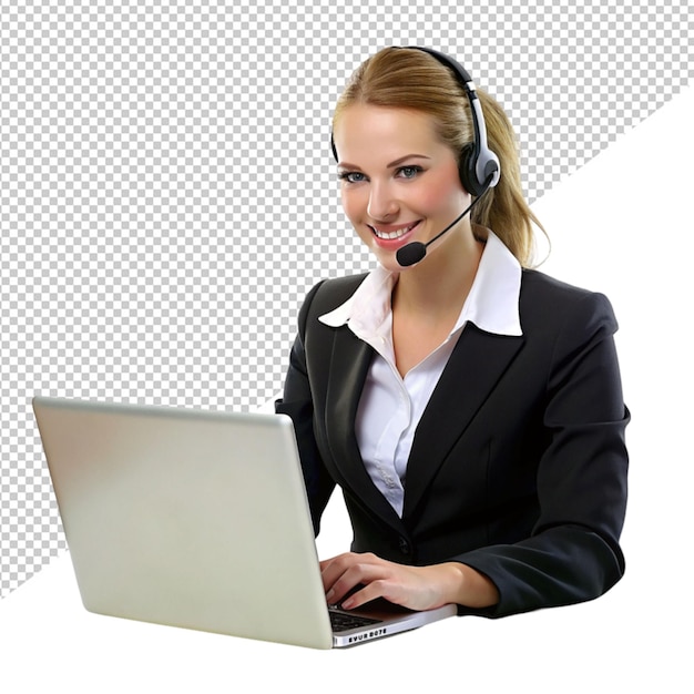 PSD a woman wearing headset and using laptop on transparent background