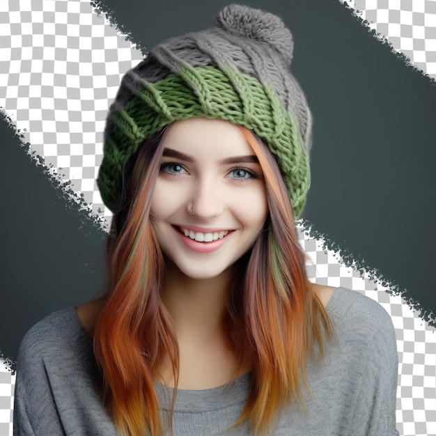 A woman wearing a knitted hat with a green knitted cap on it.