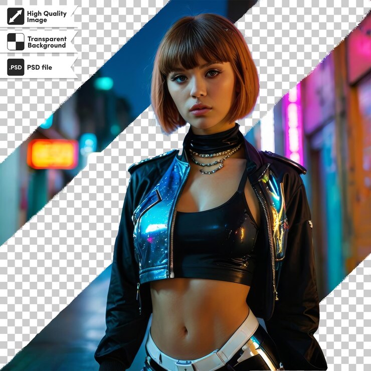 PSD ファッションと書かれたロゴの革のジャケットを着た女性