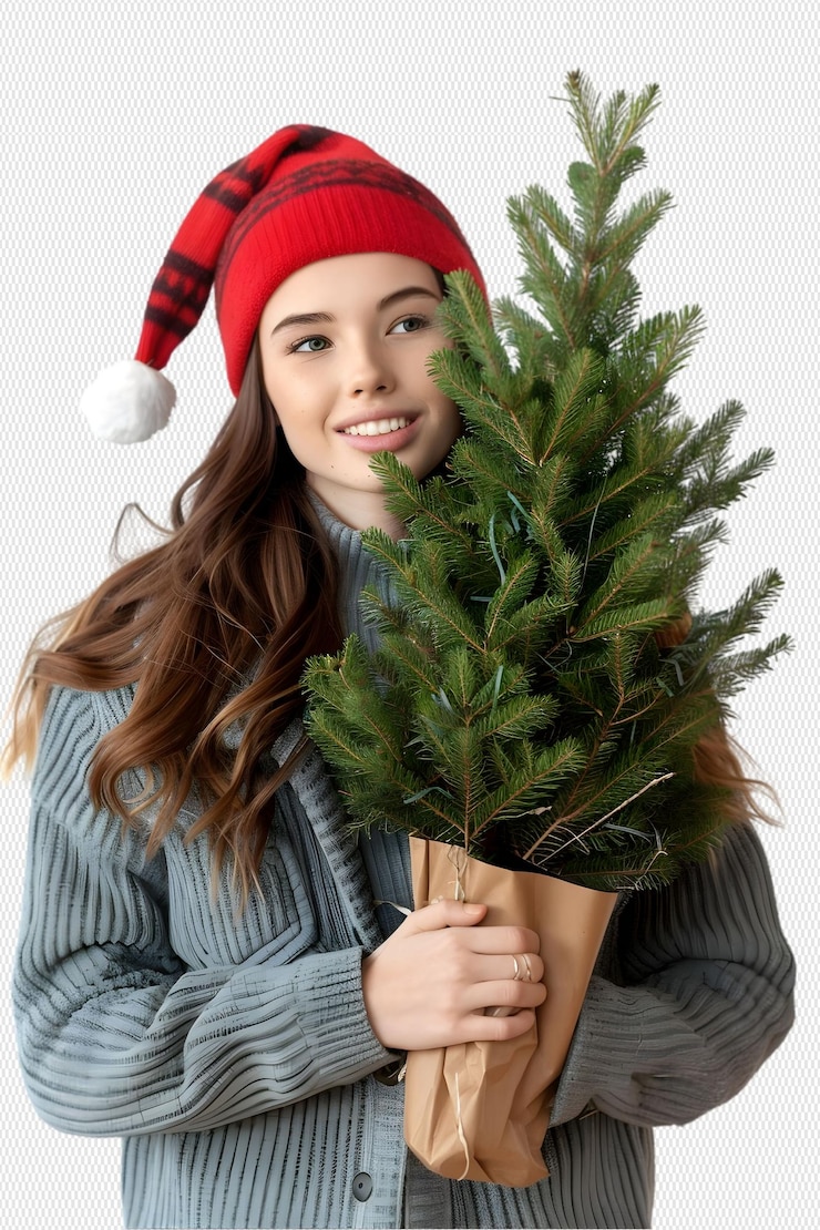 PSD woman wearing santa hat with christmas tree in hand