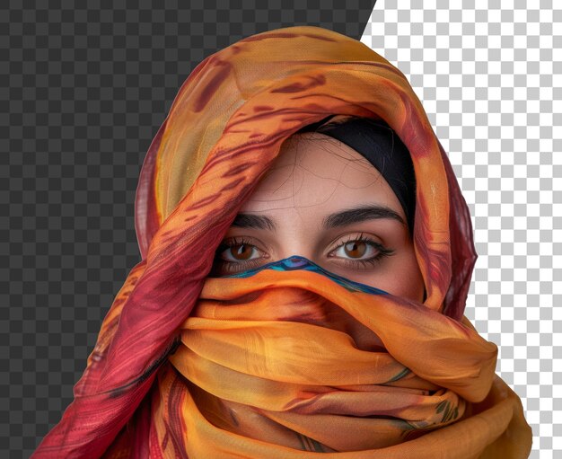 PSD a woman wearing a scarf with a red and orange pattern stock png