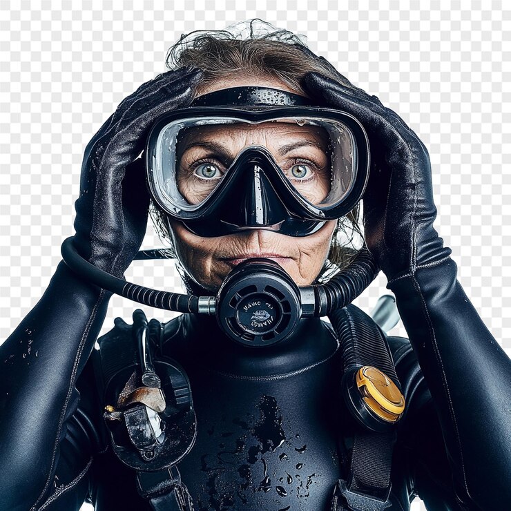 PSD a woman wearing a scuba mask is holding a pair of goggles