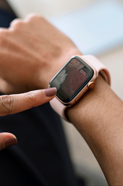 PSD woman wearing a smart watch mockup