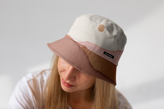 PSD woman wearing stylish bucket hat mock-up design