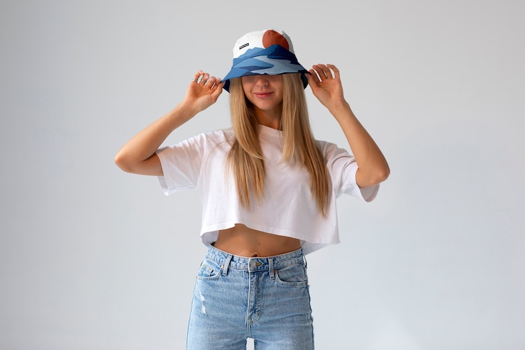 PSD woman wearing stylish bucket hat mock-up design