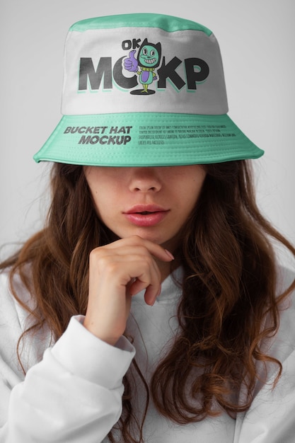 PSD woman wearing stylish bucket hat