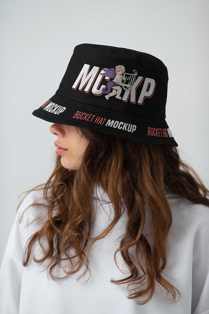 Woman wearing stylish bucket hat