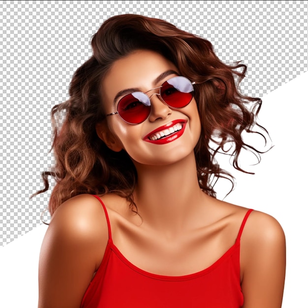 PSD a woman wearing sunglasses and a red dress with a white background