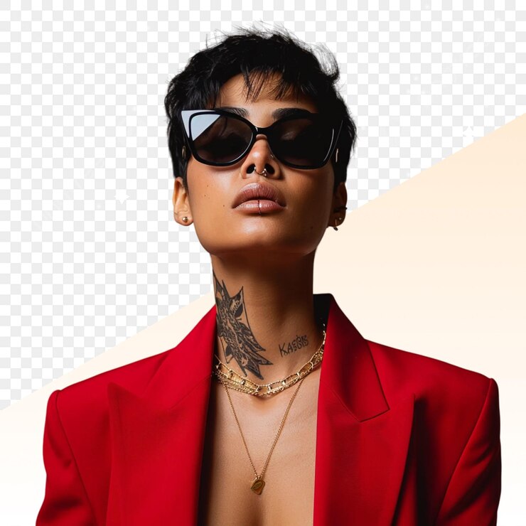 PSD a woman wearing sunglasses and a red jacket with a tattoo on the front
