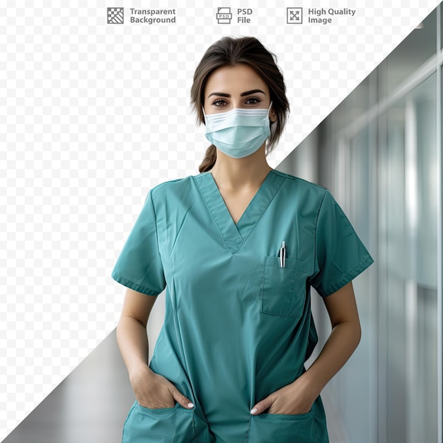 PSD a woman wearing a surgical mask stands in front of a medical poster.