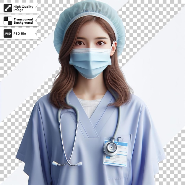 PSD a woman wearing a surgical mask with a blue mask on it