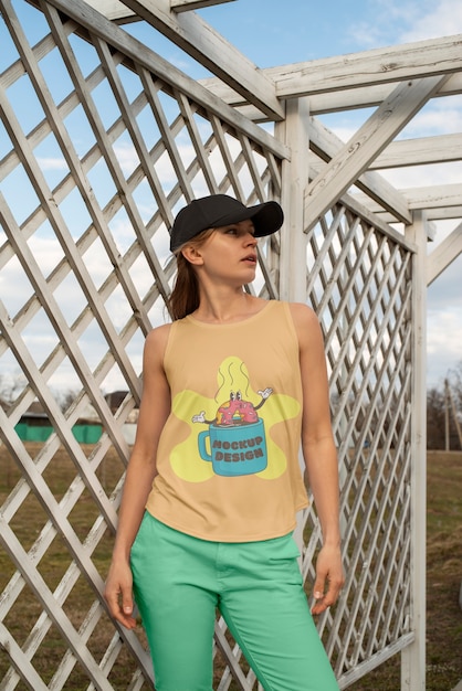 PSD Женщина в макете футболки на открытом воздухе