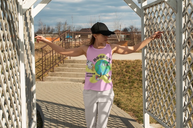 PSD woman wearing t-shirt mock-up design outdoors