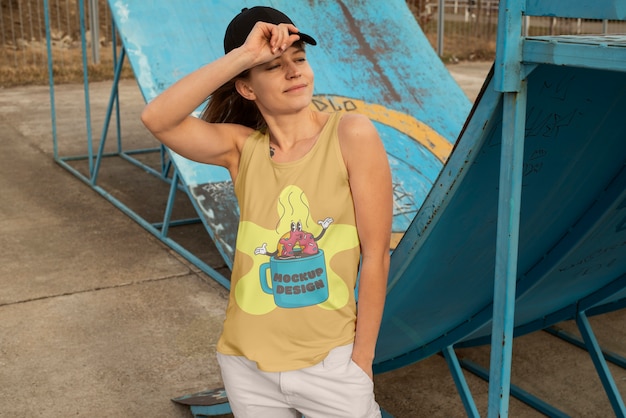 PSD donna che indossa t-shirt mock-up design all'aperto
