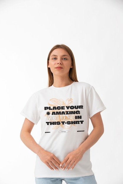 PSD woman wearing t shirt mockup