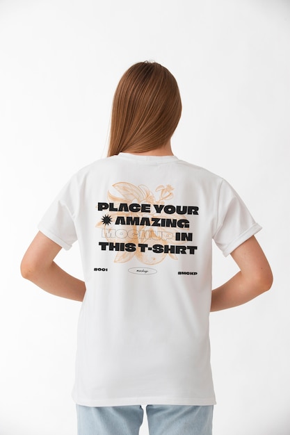 PSD woman wearing t shirt mockup