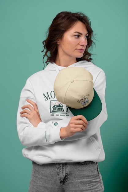 Woman wearing tshirt and cap mockup