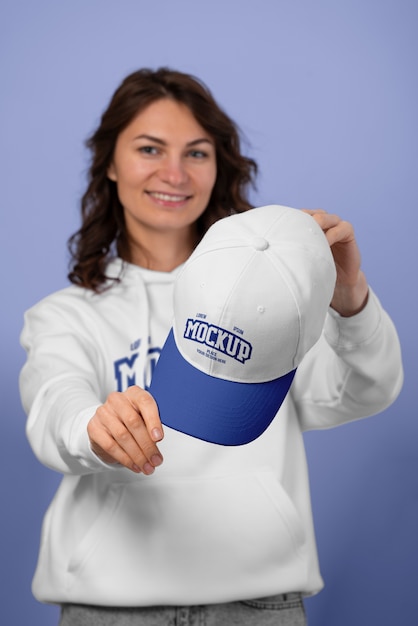 PSD woman wearing tshirt and cap mockup