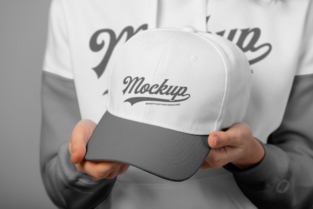 Woman wearing tshirt and cap mockup