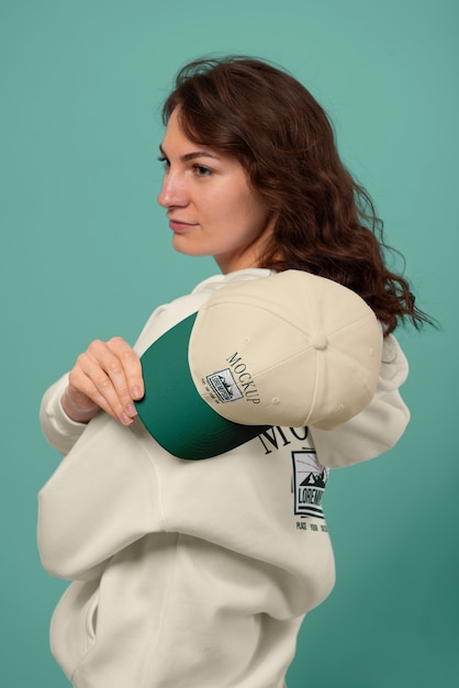 Woman wearing tshirt and cap mockup