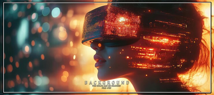 PSD woman wearing vr headset illuminated by glowing digital data
