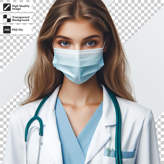 PSD a woman wearing a white lab coat with a stethoscope on it