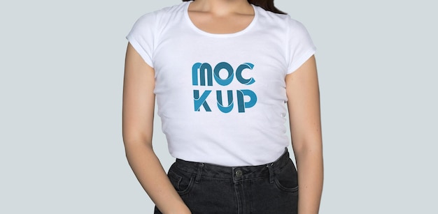 A woman wearing a white shirt that says mop.