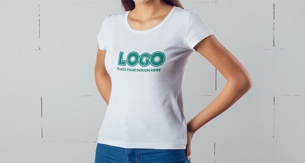 PSD a woman wearing a white t - shirt that says'logo'on it