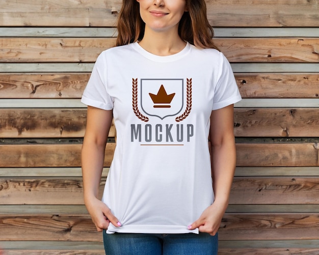 Woman wearing a white tshirt tshirt mockup design