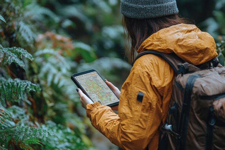 PSD a woman wearing a yellow jacket and beanie uses a tablet to navigate through a lush forest