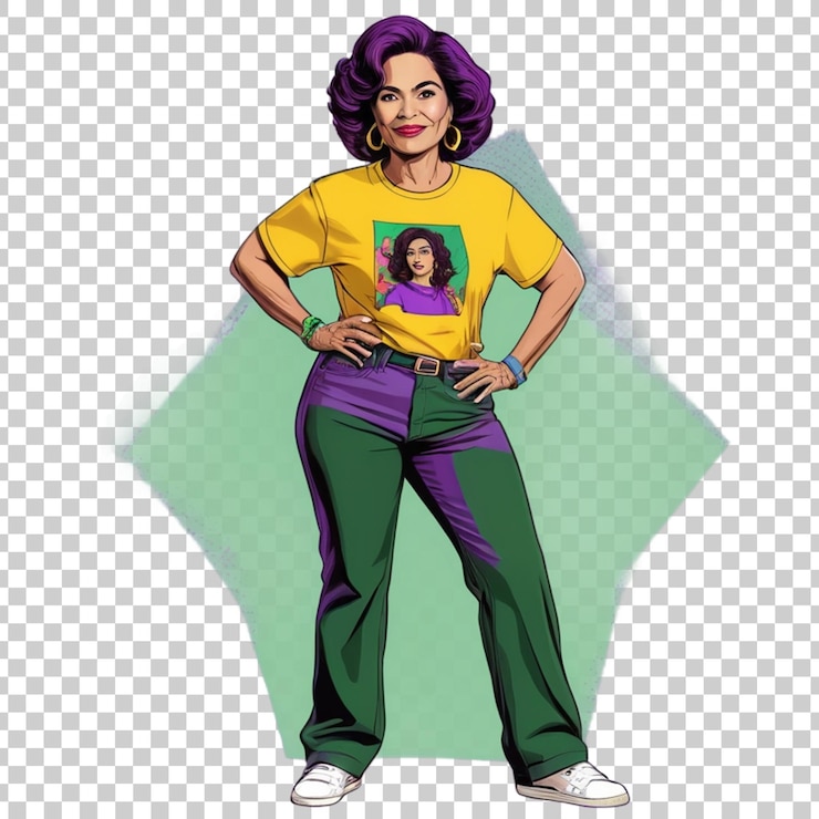 PSD a woman wearing a yellow shirt with a picture of a woman on it