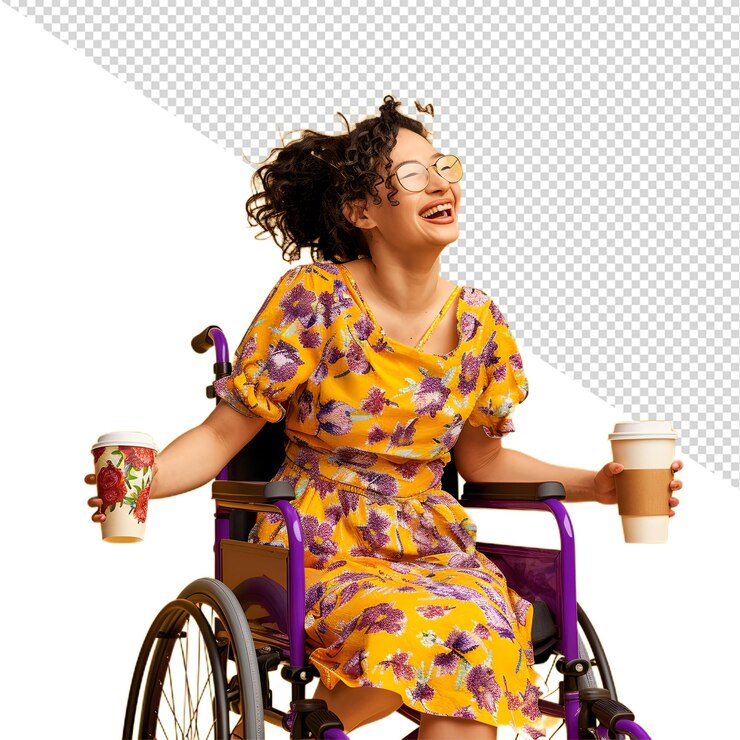 PSD a woman in a wheelchair with a cup of coffee and a woman in a yellow dress