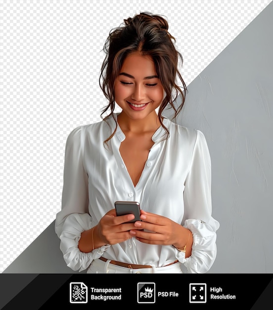 PSD a woman in white blouse with a phone in hands looking happy png psd
