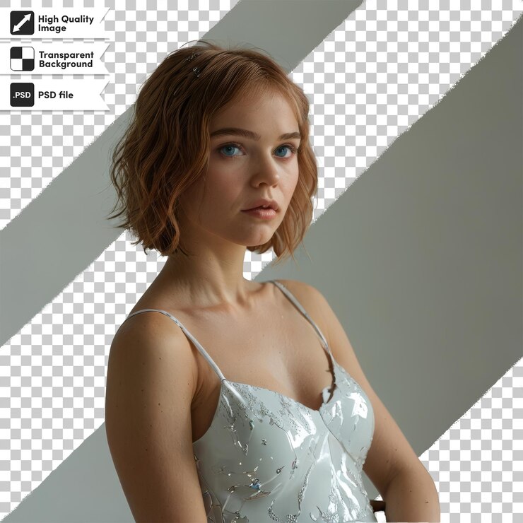 PSD a woman in a white dress with a black logo on it