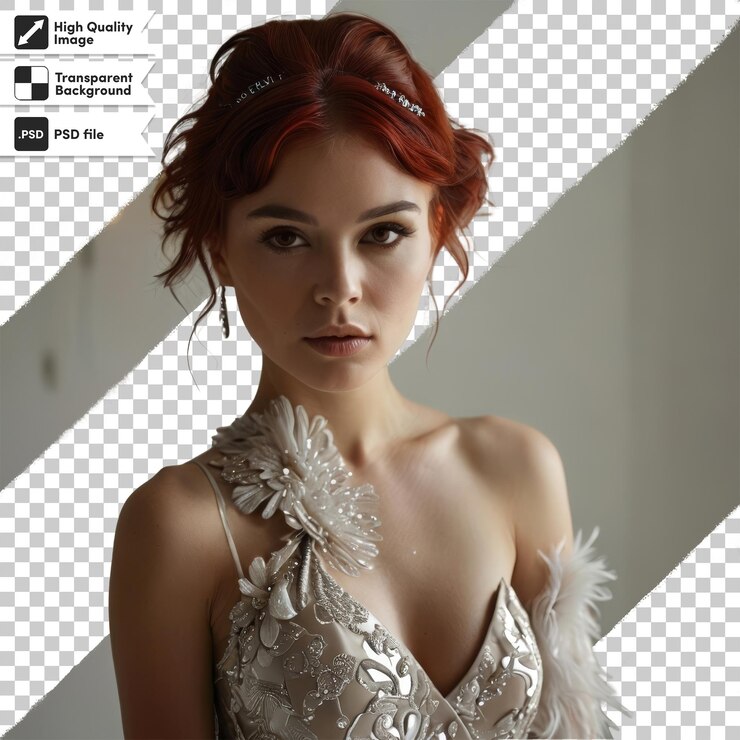 PSD a woman in a white dress with a black and white design