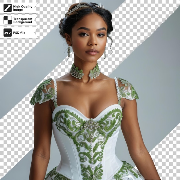 PSD a woman in a white dress with a green and white pattern on the front