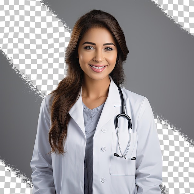 PSD a woman in a white lab coat with a stethoscope on it.