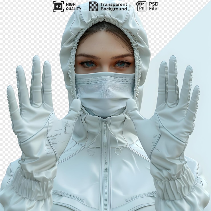 PSD 白い保護スーツを着て顔面マスクと手袋をかぶって透明な背景に手を伸ばしている女性