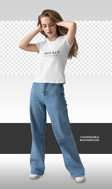 PSD a woman in a white shirt mockup with changeable background