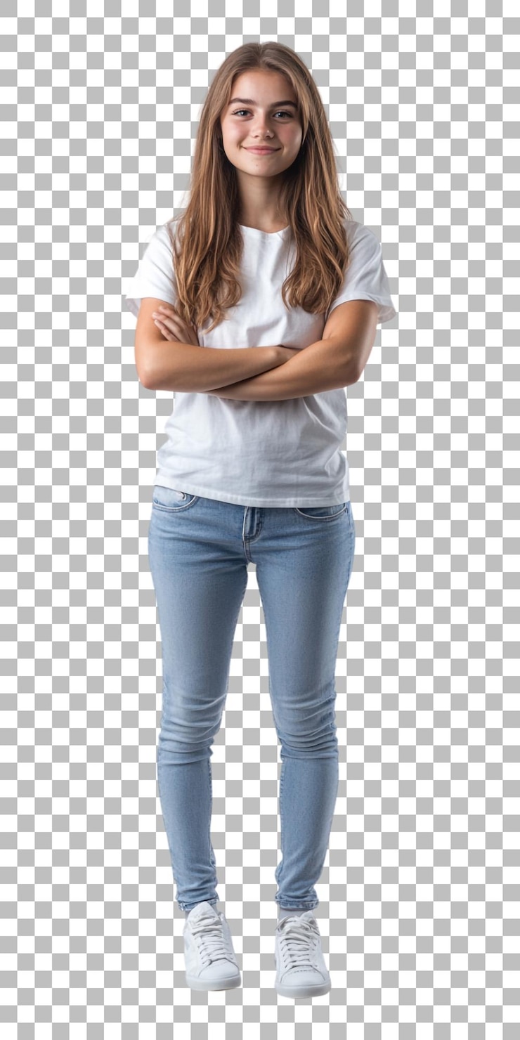 PSD a woman in a white shirt stands on a checkered paper
