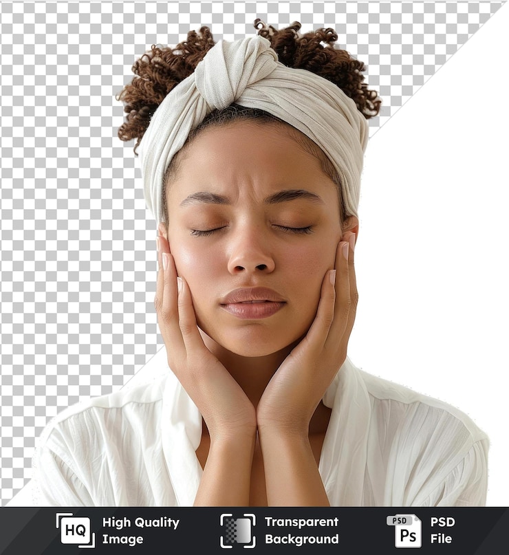 PSD woman in white shirt with headache brown hair closed eyes small nose holding hand