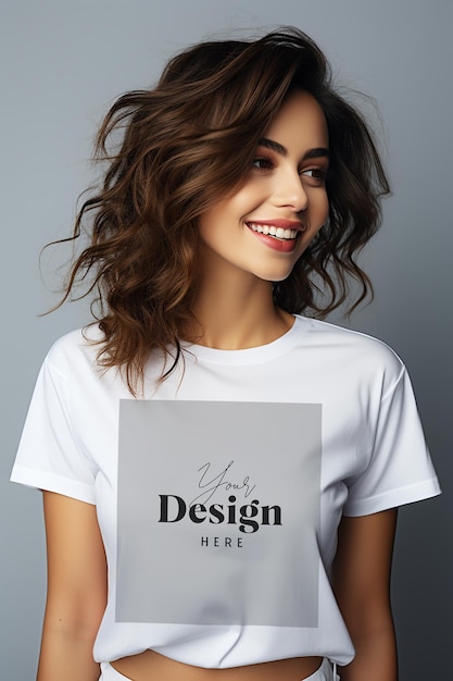 PSD una donna con una camicia bianca con la scritta design design design design su di essa