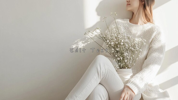 PSD woman in white sweater holding flowers
