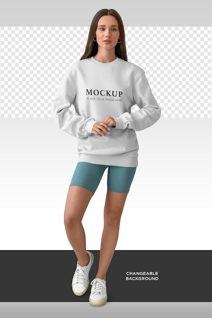 A woman in a white sweatshirt mockup on changeable background