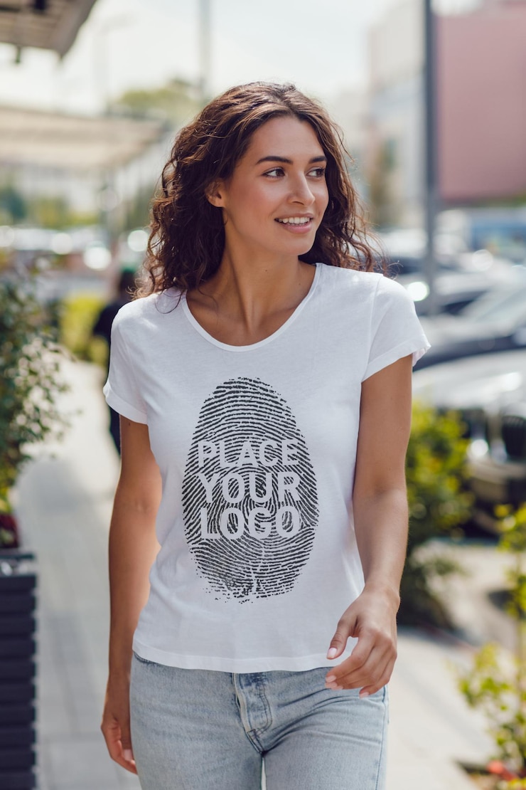 PSD woman in white t-shirt walking outdoors with a place your logo design